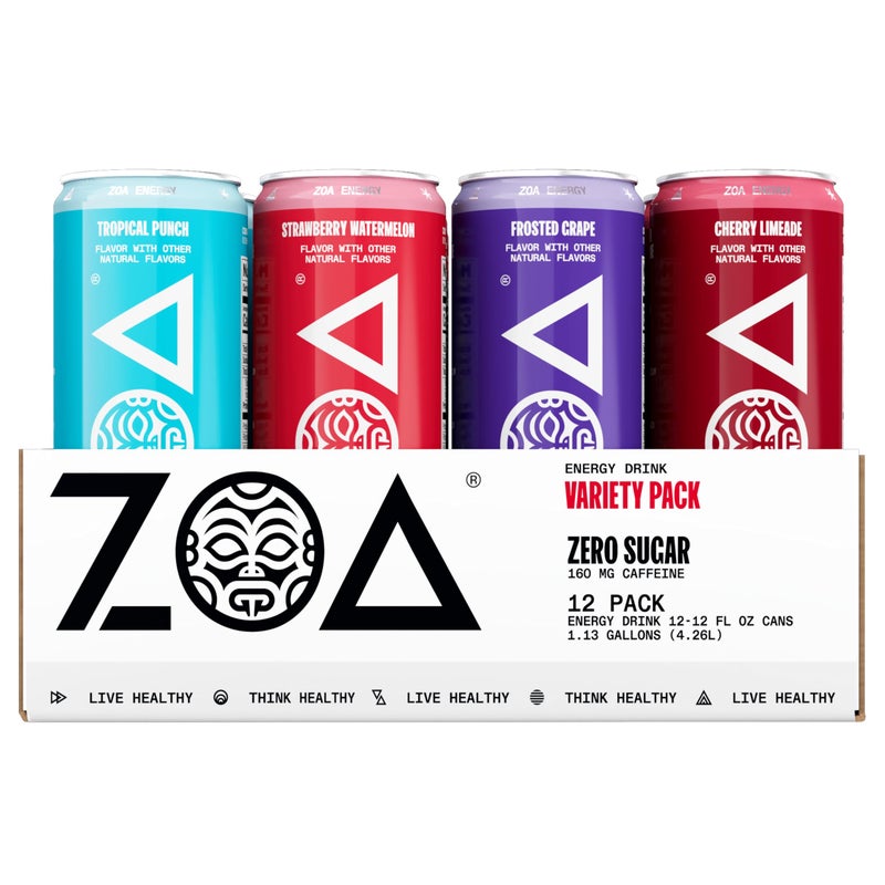 ZOA Zero Sugar Energy Drinks, Variety Pack - Sugar Free with Electrolytes, Healthy Vitamin C, Amino Acids, Essential B-Vitamins, and Caffeine from Green Tea - 12 Fl Oz (12-Pack) - Image 1